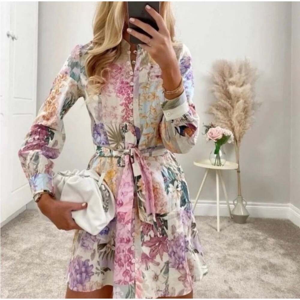 NWT Zara Floral Patchwork Linen Blend Shirt Dress XS Belted Button Front Mini